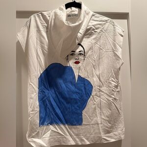 Zara Graphic Art Tee Illustrated Woman Scarf Neck Top
